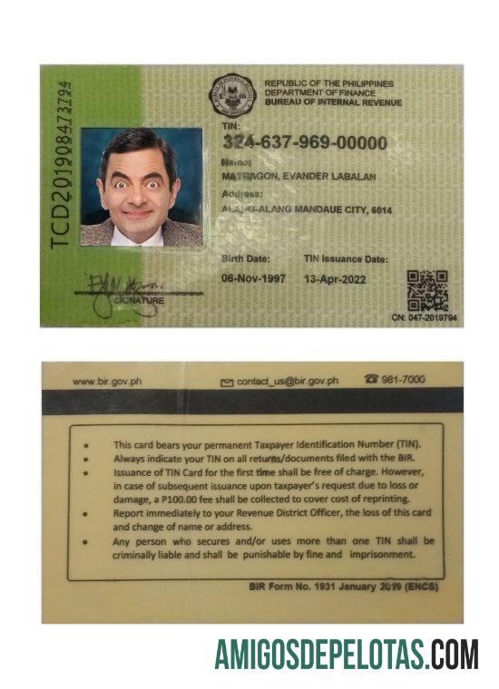 Bureau Of Internal Revenue ID 2022 das Filipinas presente amostra